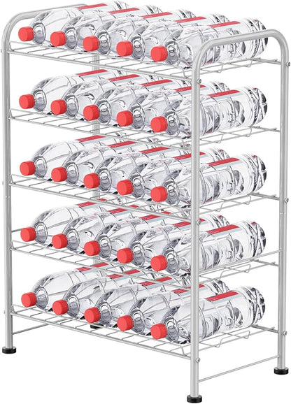 BTY 5 Tier Water Bottle Organizer Small Water Bottle Holder Stand Freestanding Metal Bottled Water Rack Dispenser for Kitchen, Pantry Organization and Storage, Silver