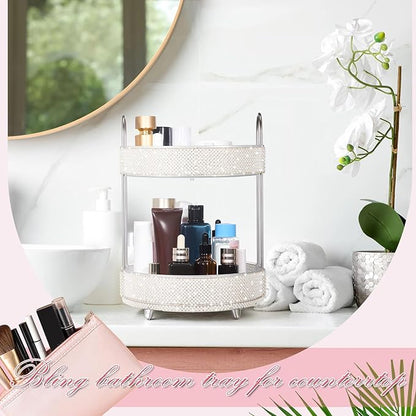 Honeydak 360 Rotating Perfume Organizer for Mother Day Nurse Day Rhinestone Bathroom Counter Organizer Makeup Holder Skincare and Perfume Storage for Cosmetic Countertop(2 Tiers,Pearl,White)