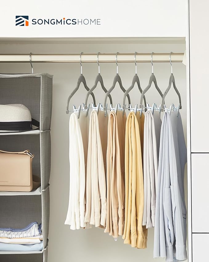 SONGMICS HOME Velvet Pants Hangers with Adjustable Clips, Non-Slip Space-Saving Clothes Hangers, 30 Pack, Shoulder Notches for Skirts, Gray