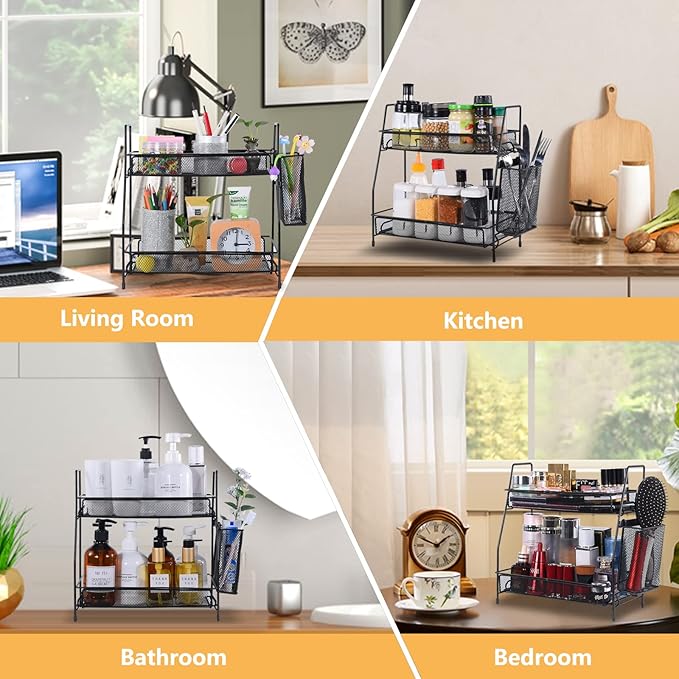Bathroom Organizer with Basket, 2-Tier Bathroom Tray for Countertop Storage Shelf, Bathroom Counter Organizer, Vanity Organizer and Storage Kitchen Counter Organizers Spice Rack