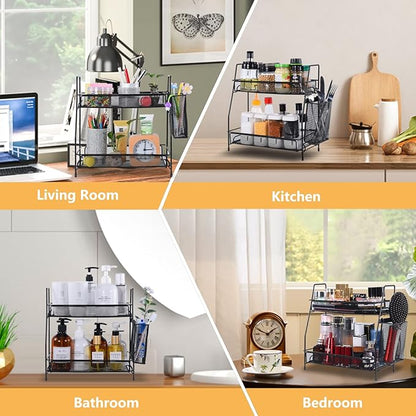 Bathroom Organizer with Basket, 2-Tier Bathroom Tray for Countertop Storage Shelf, Bathroom Counter Organizer, Vanity Organizer and Storage Kitchen Counter Organizers Spice Rack