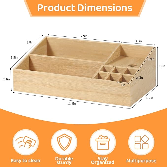 Bamboo Makeup Desk Organizer, Makeup Storage Organization Table Box, Suitable for Desk Organizer and Storage Dressing Table, Bathroom Desk, Counter