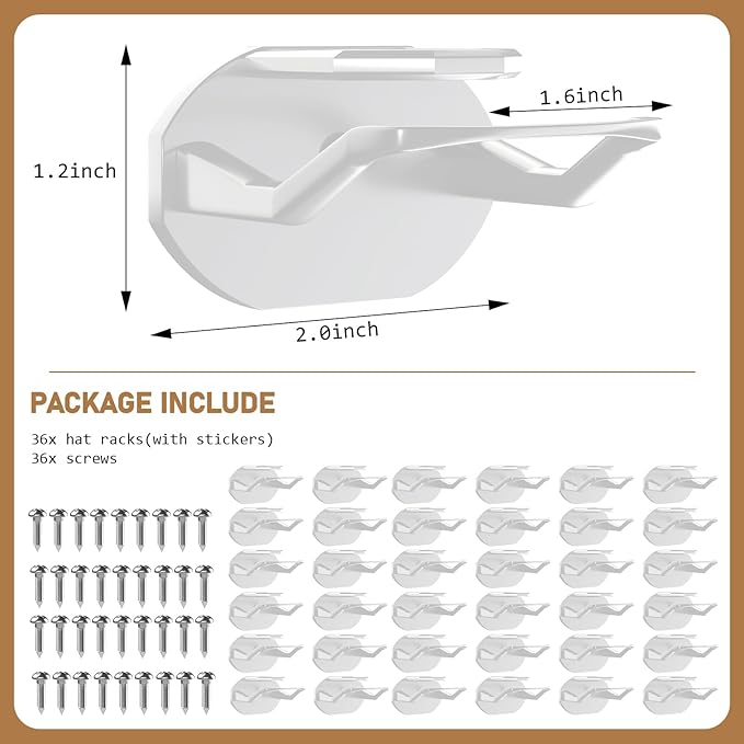 Niunuerga 36 Pack Adhesive Hat Hooks for Wall, Super Strong Hat Rack for Baseball Caps, Hat Organizer Display for Home Decor, Hat Hangers Holder for Wall, Door, Closet, No Drilling (White)