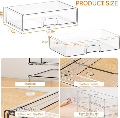Yieach 12.1''W Clear Stackable Storage Drawers,2 Pack Acrylic Drawer Organizer for Hair Accessories,Makeup Organizers,Plastic Organizer Bins for Vanity,Bathroom,Cabinet,Desktop,Office Supply Organizer