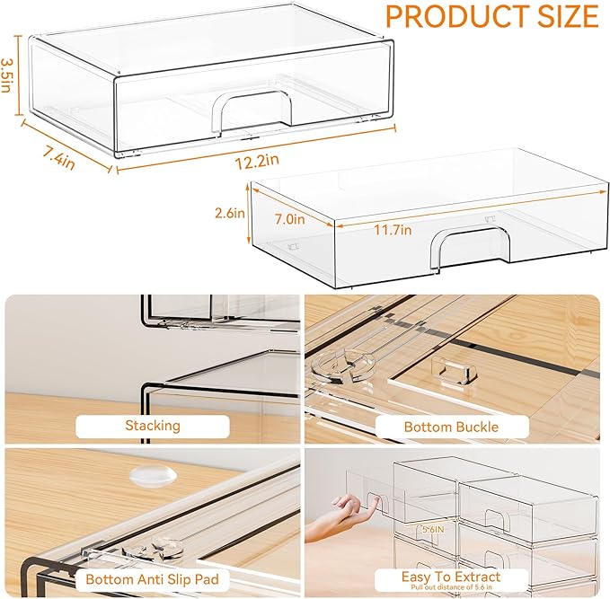Yieach 12.1''W Clear Stackable Storage Drawers,4Pcs Acrylic Drawer Organizer for Hair Accessories,Makeup Organizers,Plastic Office Supply Organizer for Pen,Pencil,Medicine,Accessory,Craft Organization