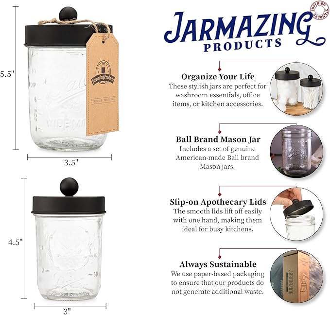 Jarmazing Products Apothecary Lid Storage Set with Ball Mason Jars - Farmhouse Home Decor for Vanity Organization - Luxury Bathroom, Kitchen and Office Accessories - Black - Two Pack