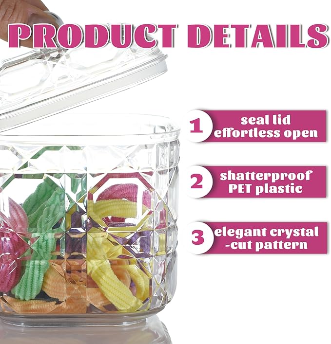2-Pack Scrunchies Holder, 30oz Q-tip Holder, Plastic Bathroom Canisters, Elegant Vanity Storage Containers for Hair Accessories & Beauty Supplies