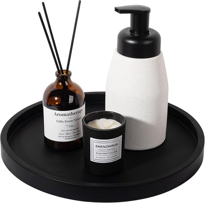 Silicone Bathroom Tray Round Vanity Tray Decorative Soap Holder Kitchen Countertop Organizer Coffee Table Decor for Candle, Perfume, Plant, 10 Inch, Black