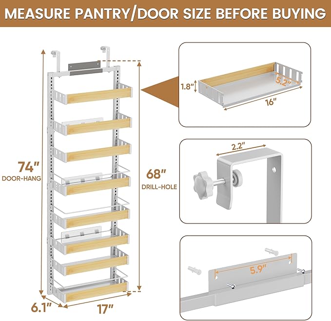 POKIPO 8 Tier Over The Door Pantry Organizer, 2 IN 1 Wall Mount or Hanging Spice Rack Seasoning Shelves with Adjustable Basket, Back of Door Organizer and Storage for Kitchen Cabinet and Room Closet