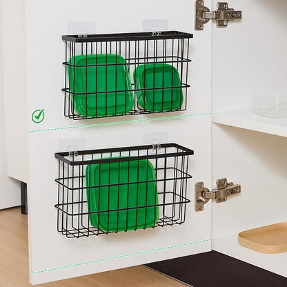 Sinnsally 2 Pack Cabinet Door Organizer,Self Adhesive Lid Organizers Inside Cabinet Storage Boxes,Hanging Storage Basket Organizer Wall Mounted Pantry Caddy Cup Holder for Kitchen,Fridge,Bathroom