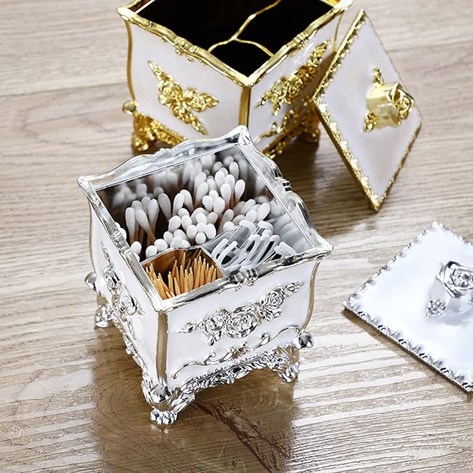 Cotton Canister Dispenser Box Cotton Swab Storage Box With Lid Makeup Table Cosmetics Containers, silver