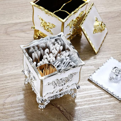 Cotton Canister Dispenser Box Cotton Swab Storage Box With Lid Makeup Table Cosmetics Containers, silver