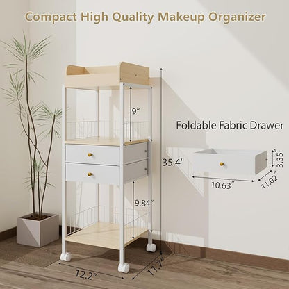 Makeup Organizer Cart Shelf Floor Skincare Organizers Make Up and Station Storage Cabinet For Vanity Standing Cosmetics With Drawers and Wheels For Nail Polish Perfume Hair Tool Holder Beauty(White)