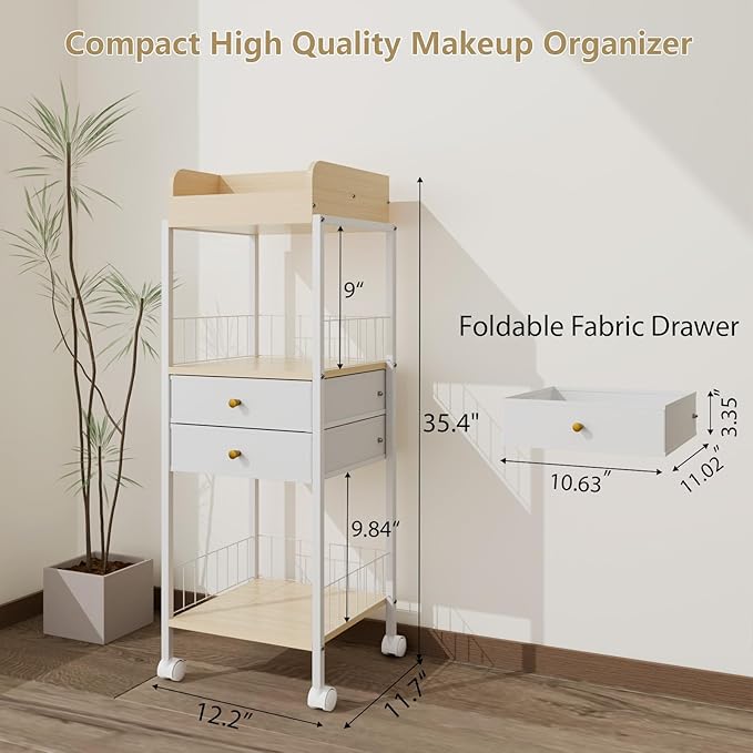 Makeup Organizer Cart Shelf Floor Skincare Organizers Make Up and Station Storage Cabinet For Vanity Standing Cosmetics With Drawers and Wheels For Nail Polish Perfume Hair Tool Holder Beauty(White)