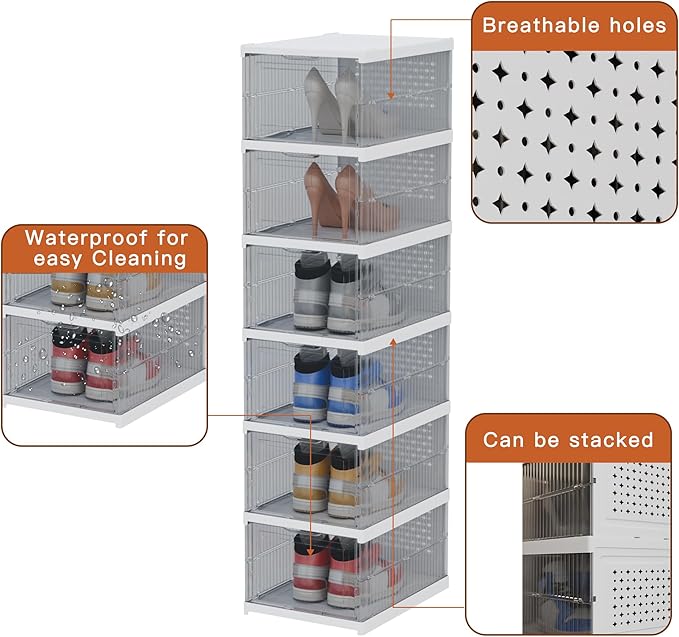 YIIHAA 6 Tier Shoe Rack Shoe Storage Box Size up to 14, No Assembly Stackable with Clear Door, Free Standing Shoe Shelf Cabinet with Lid, Plastic Shoe Rack (Transparent)