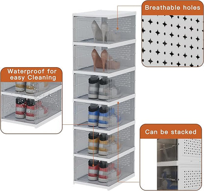 YIIHAA 6 Tier Shoe Rack Shoe Storage Box Size up to 14, No Assembly Stackable with Clear Door, Free Standing Shoe Shelf Cabinet with Lid, Plastic Shoe Rack (Transparent)