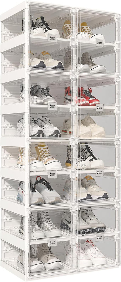 ANTBOX Foldable Shoe Rack,Shoe Organizers for Closet Plastic Shoe Storage Box Space Saving for Entryway, Large Sturdy Stackable Sneaker Cabinet Bins with Magnetic Clear Door 8 Tiers 16 Pairs