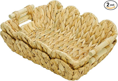 2Pack Scalloped Edge Wicker Basket,Hand-Woven Rattan Baskets with Wooden Handles,Natural Water Hyacinth Basket for Laundry,Shelves,Gift Basket