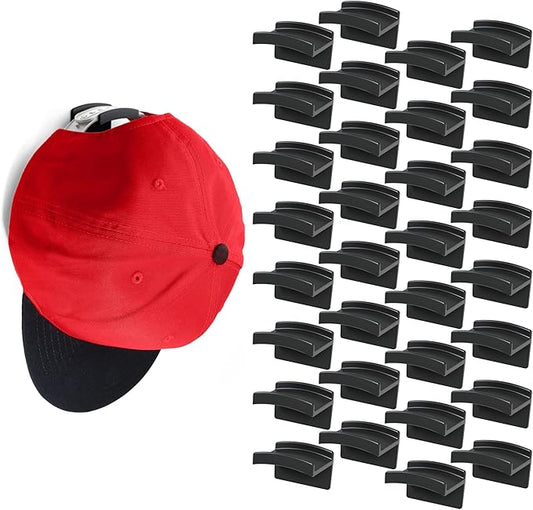 Modern JP Adhesive Hat Hooks for Wall (32-Pack) - Minimalist Hat Rack Design, No Drilling, Strong Hold Hat Hangers - USA Patented, Black