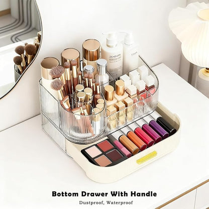 Makeup Organizer Countertop with 360 Rotating Brush Holder, Make Up Organizers For Vanity With Drawer, Bathroom Countertop Skincare Organizer And Storage