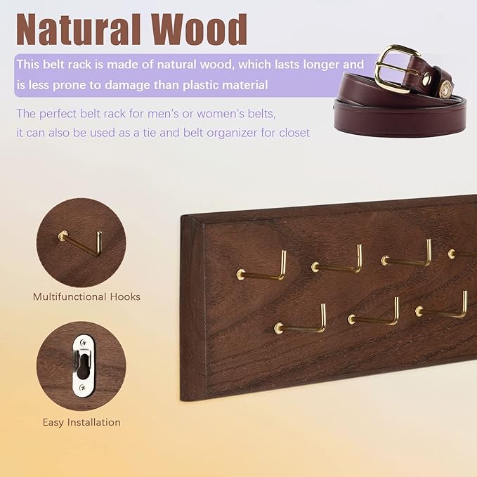 Belt Organizer - Wall Mounted Hanger for Closet, Holds Over 28 Belts - Wooden Rack with Tie and Scarf Storage (Brown)