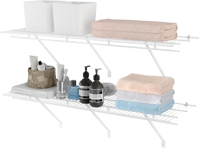 HAUSHOF Closet Shelves Wall Mounted 2-Pack, 4ft x 16in White Metal Wire Shelving for Laundry Room, Closet, Basement Organization and Storage