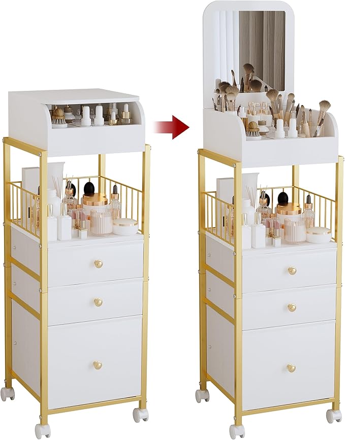 Makeup Cart Organizer with Mirror, Floor Makeup Organizer Large- Make Up Organizers Vanity Cart Cosmetic Display Cases Holder for Skin Care Perfume Nail Polish Brush Hair Tool (Gold)