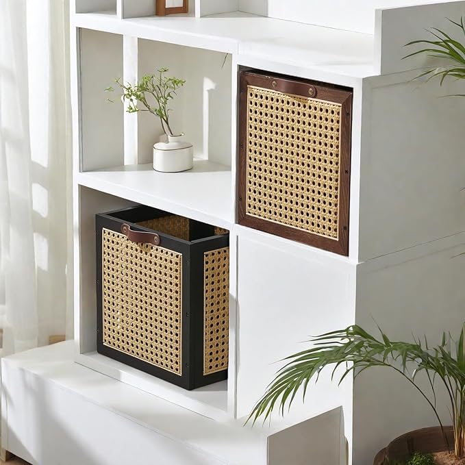 Rattan Storage Cubes Wooden Storage Baskets Boxes Decorative Natural Handmade Bohemian Solid Wood Woven Wicker Cane Bin Closet Shelf Clothes Organizer Books Magazine Holder (Black)