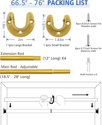 Closet Rods for Hanging Clothes - Heavy Duty, Length Adjustable (#1 Gold, 66.5" - 76")