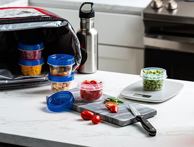 ELEGANT DISPOSABLES Twist Top Containers Small Food Storage Containers Blue Screw on Lid Reusable Stackable Leakproof Airtight, Pack of 20-4 oz containers