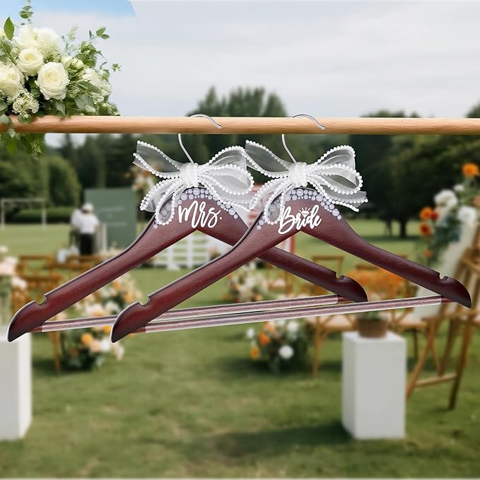 Bride Hanger for Wedding Dress Wooden Pearl Hangers with Pearl Ribbon Bow Elegant Bridal Mrs Wedding Dress Hanger, 2PCS Personalized Wedding Hangers (Walnut)