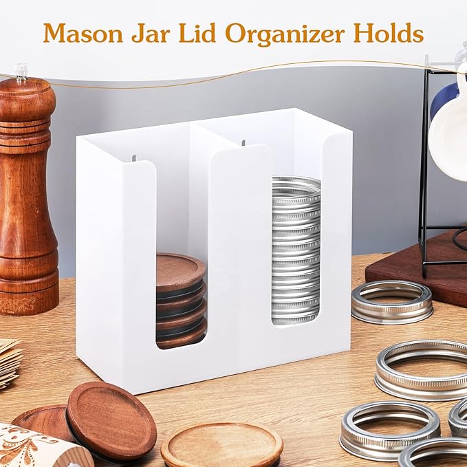 White Mason Jar Lid Organizer (Wide Mouth & Regular Mouth) 2 Compartment Cup Dispenser Organizer Ball Jar Wooden Storage Accessories for Kitchen Coffee Tumbler Lids, Fit Mason/Canning/Bamboo Lids