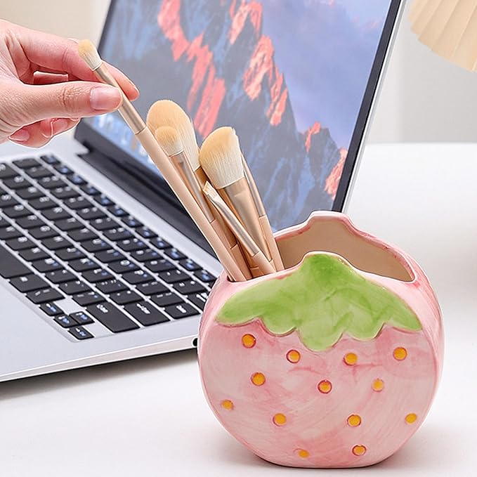 TANG SONG Ceramic Strawberry Make up Brush Holder Cosmetic Storage Box Pen and Pencil Holder Desktop Organizers (Pink)