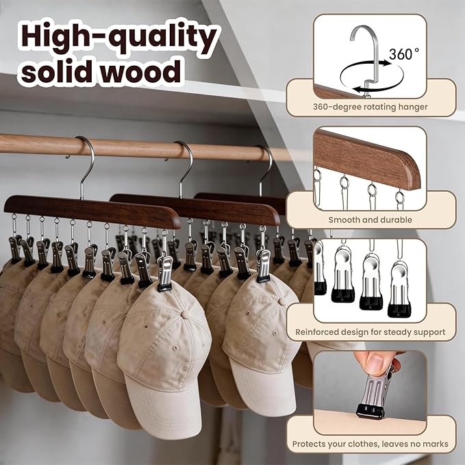 Closet Organizer with 10 Clips, Space Saving Hanging Closet Organizer, Space-Saving Closet Organizers and Storage with Sturdy Steel Non-Slip Clips (1, Natural Wood+Vintage)