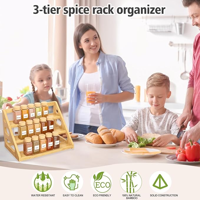 Spice Rack - Tiered Spice Rack Organization for Cabinet - 3 Tier Bamboo Display Spice Shelf for Countertop