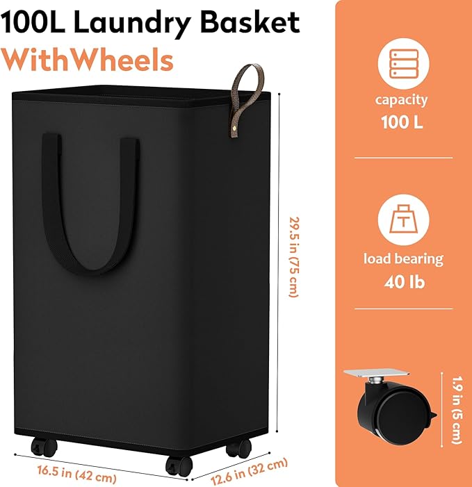 SpaceTrove Laundry Basket with Wheels, Collapsible Laundry Baskets, Laundry Hamper with Handles Detachable Wheels, Rolling Laundry Basket, Dirty Clothes Hamper for Bathroom, Dorm, Bedroom, Black, 100L