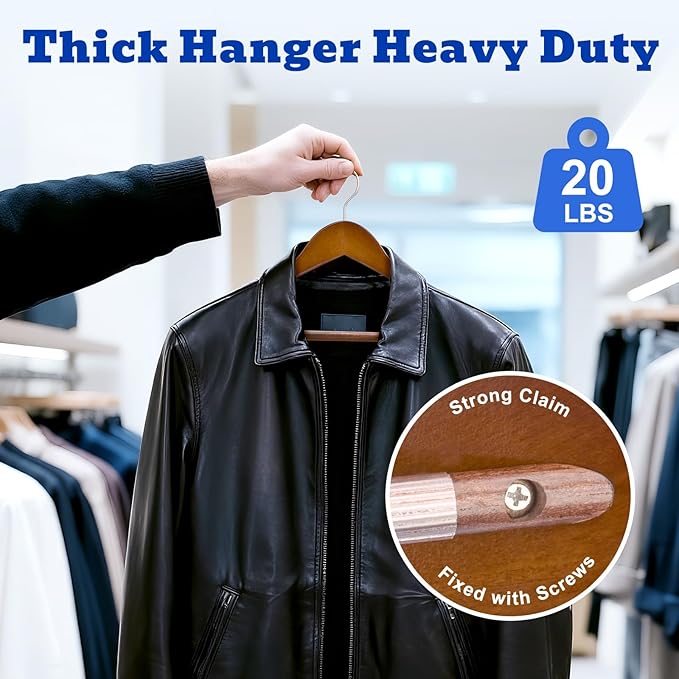 HOUSE DAY Wide Shoulder Wooden Hangers, Suit Hangers with Non Slip Pants Bar, Smooth Finish 360° Swivel Hook Solid Wood Coat Hangers for Dress, Jacket, Pants, Heavy Clothes Hangers 6 Pack (Walnut)