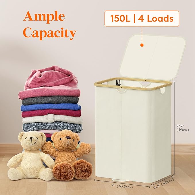 Lifewit 150L Double Laundry Hamper with Lid, Large Laundry Basket with Removable Bag & Bamboo Handles, Fodable Tall Dirty Clothes Hamper for Laundry Collapsible Bin for Bathroom Bedroom Dorm, Beige