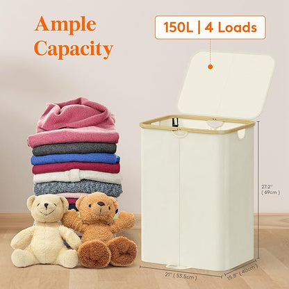Lifewit 150L Double Laundry Hamper with Lid, Large Laundry Basket with Removable Bag & Bamboo Handles, Fodable Tall Dirty Clothes Hamper for Laundry Collapsible Bin for Bathroom Bedroom Dorm, Beige