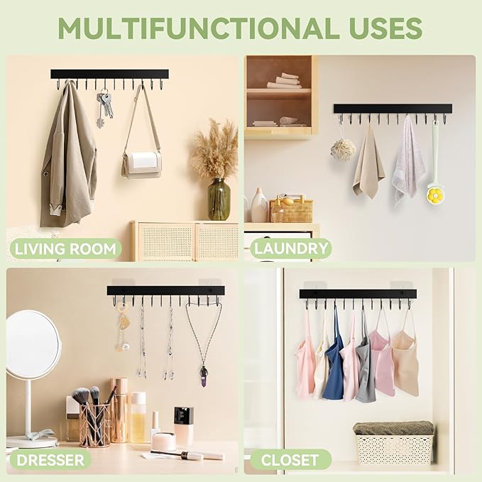 Belt Hanger Wall Mount, Adhesive Wooden Closet Belt Organizer with 24 Metal Hooks, Large Capacity, 2 Installation Options, Black, 2 Pcs