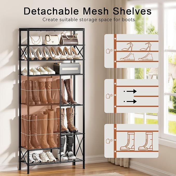 10-Tier Shoe Rack, Shoe Storage Organizer with Boots Storage, Large Capacity Shoe Shelf Holds 27-30 Pairs of Shoes, Durable and Stable, for Entryway, Closet, Hallway, Dorm Room, Black