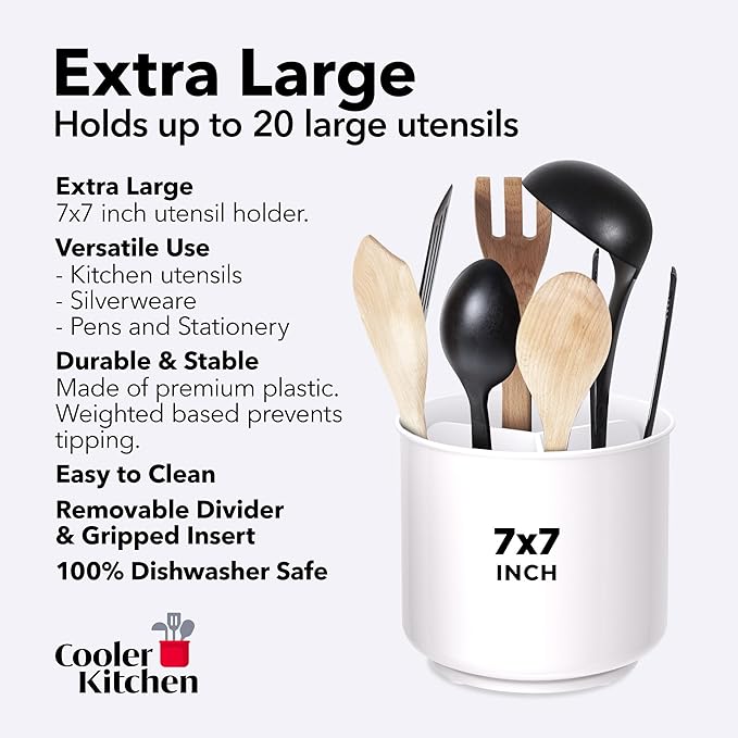 Cooler Kitchen Jumbo XL Rotating White Plastic Utensil Holder Caddy with Sturdy No-Tip Weighted Base, Removable Divider, and Gripped Insert - Dishwasher Safe Kitchen Utensil Holder for Countertop