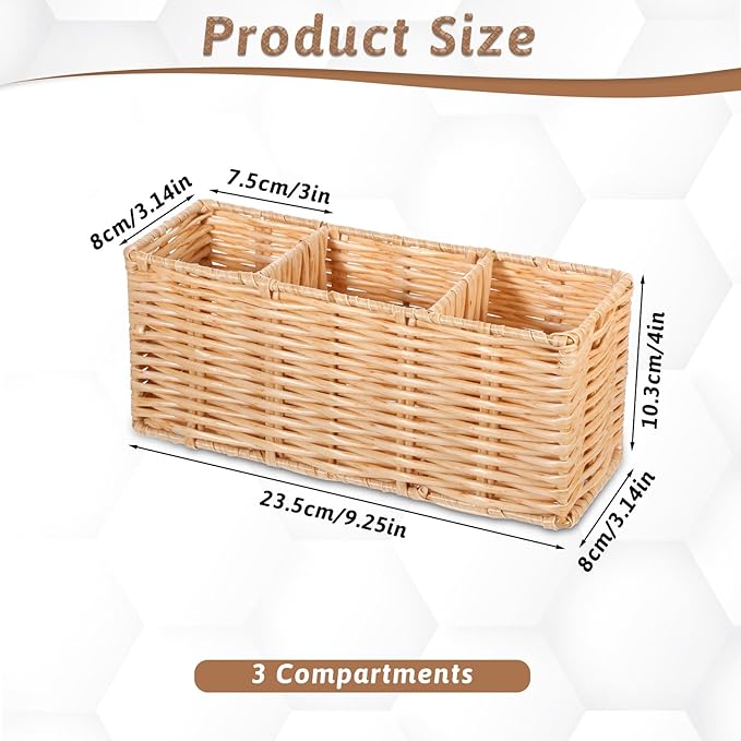 Ptwola Wicker Flatware Silverware Caddies Woven Kitchen Cutlery Organizer Utensil Holder Party Condiment Storage Carrier Basket for Table Countertop Holds Forks Knives Spoons Napkins