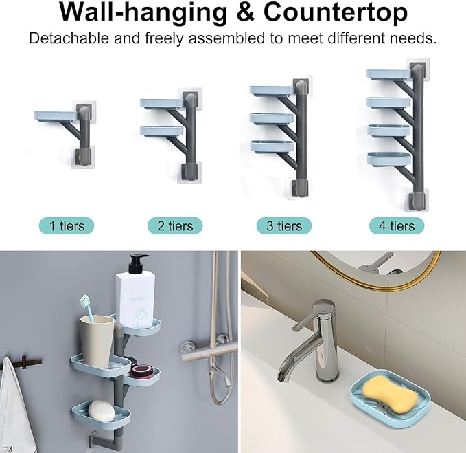 Soap Holder Four Layer Wall Mounted NO-Drilling Rotatable Self-draining Removable Soap Dish for Shower Bathroom Tray,Self Draining Sponge Holder,Razor Holder (Blue/Gray)