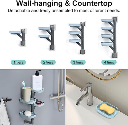 Soap Holder Four Layer Wall Mounted NO-Drilling Rotatable Self-draining Removable Soap Dish for Shower Bathroom Tray,Self Draining Sponge Holder,Razor Holder (Blue/Gray)