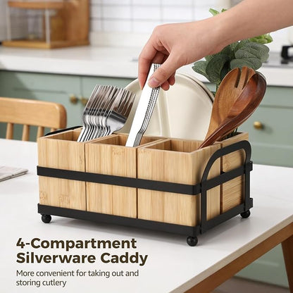 Silverware Caddy for Party, 4-Compartment Wood Utensil Holder with Metal Frame, Paper Plate Holder, Flatware Organizer for Forks, Spoons, Napkins, Countertop Table Buffet
