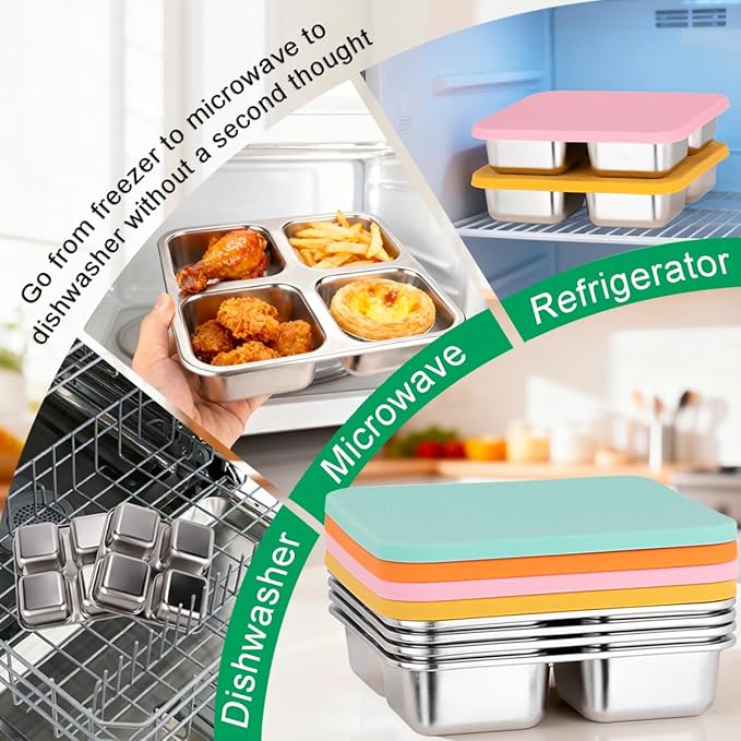 4 Pack Stainless Steel Snack Containers with Lids, Lunchable Container 4 Compartment Snack Containers, Small Bento Lunch Box Divided Food Storage for Portion Control Meal Prep Reusable Snackle