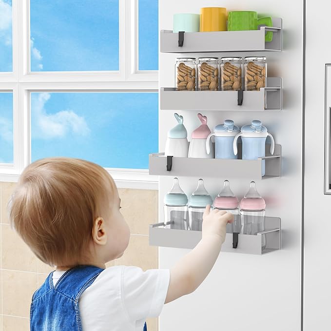 HuggieGems 4 Pack Magnetic Spice Rack Organizer for Refrigerator and Oven, Light Grey Fridge Organizers and Storage for Kitchen