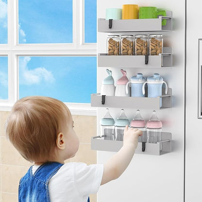 HuggieGems 4 Pack Magnetic Spice Rack Organizer for Refrigerator and Oven, Light Grey Fridge Organizers and Storage for Kitchen