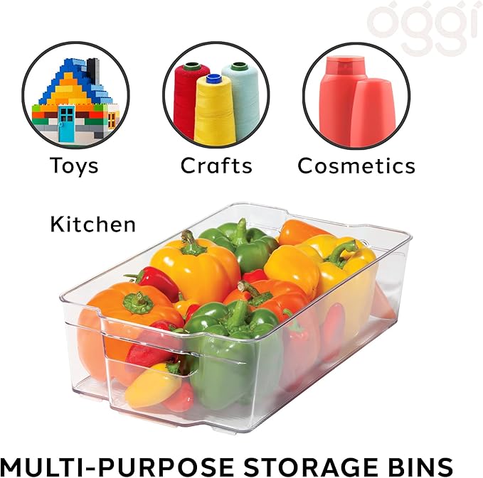 OGGI Stackable Storage Bin With Handle - Large (14.75" x 8.5" x 3.75") - Ideal for Kitchen Organization, Pantry Storage, Fridge Organizing, Clear